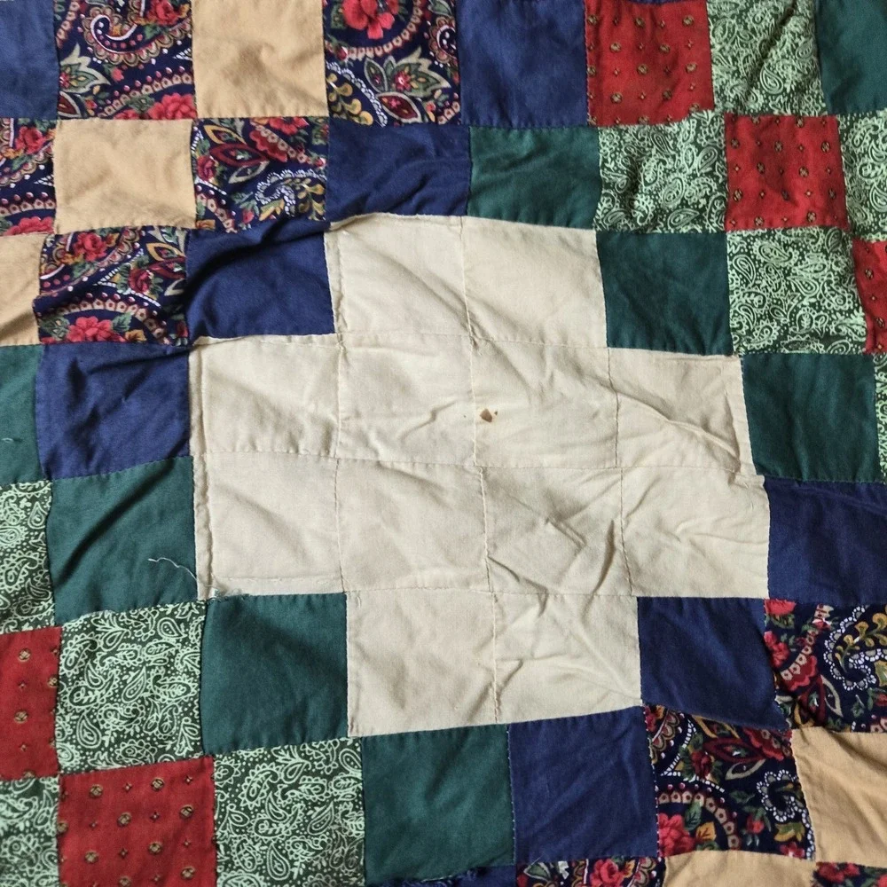 Vintage Quilt -Red Blue Double Irish Chain Pattern - Full/Queen Size 94×80